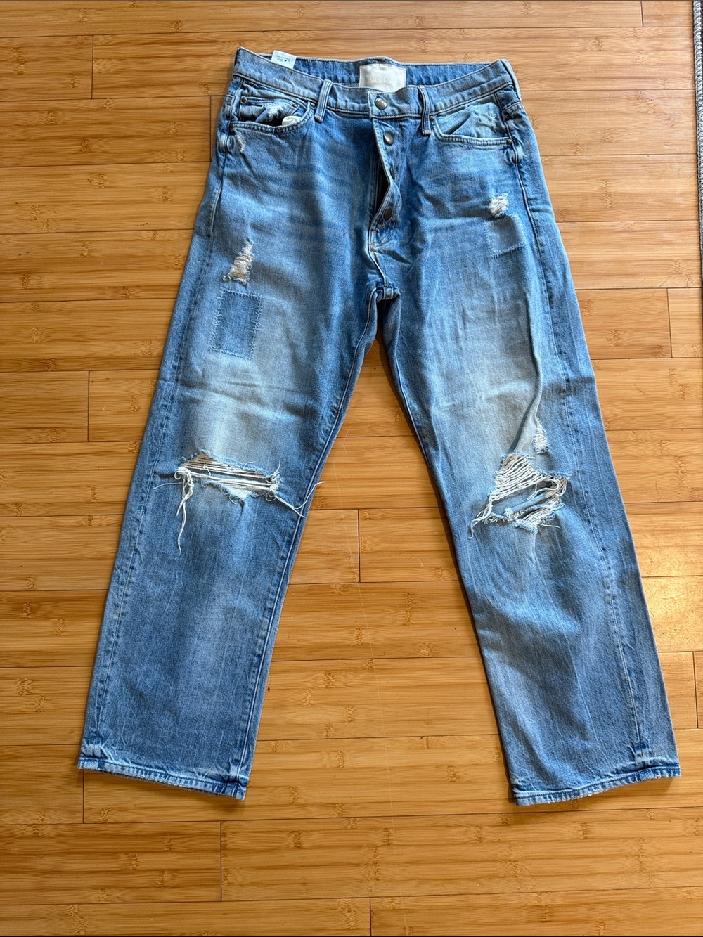MOTHER Light Blue Distressed Straight Jeans for Women